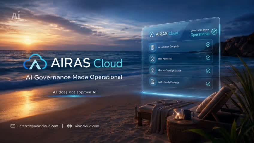 AIRAS Cloud closing scene: a governance status panel showing AI inventory, risk assessment, human oversight and audit-ready evidence at sunset.