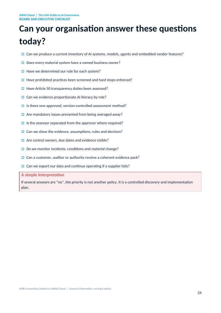 Board and executive AI governance checklist page