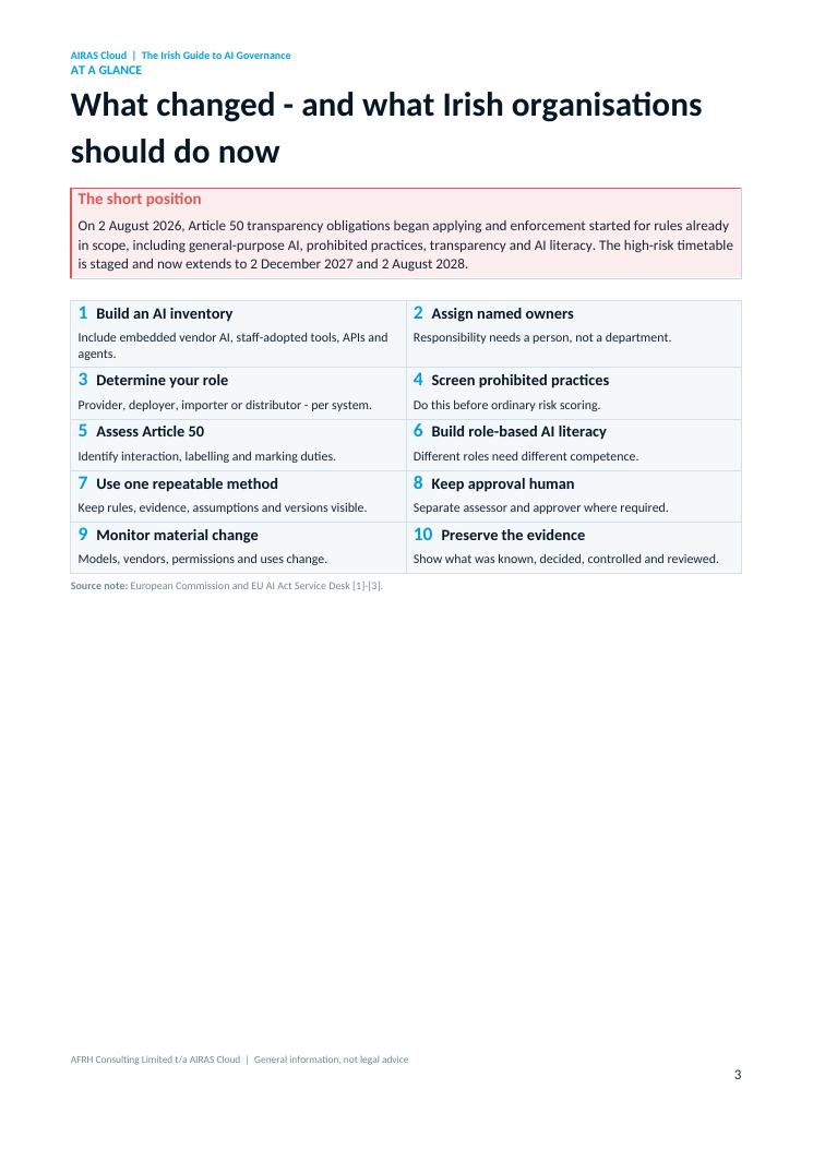 At a glance page listing ten AI governance moves for Irish organisations