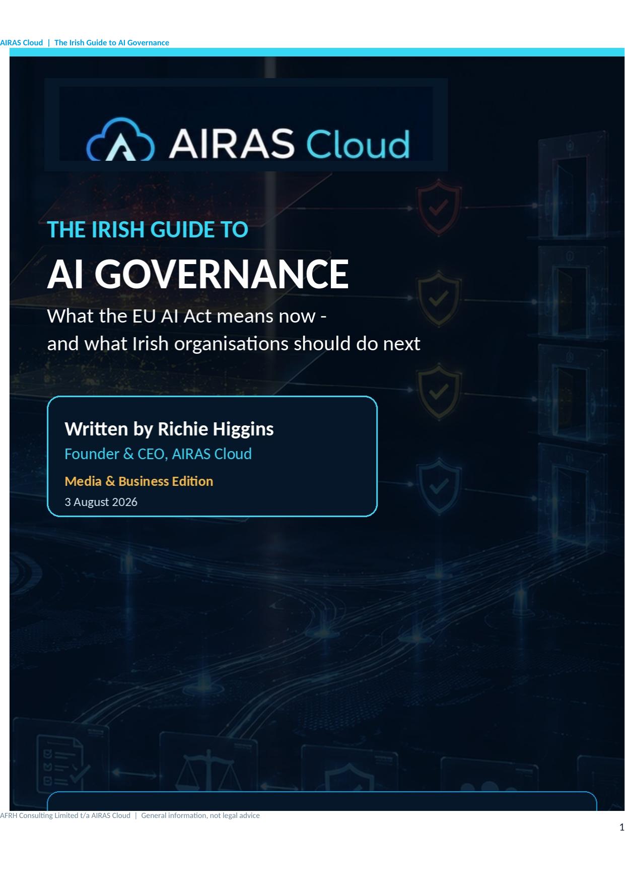 Cover of The Irish Guide to AI Governance by Richie Higgins, Founder and CEO of AIRAS Cloud